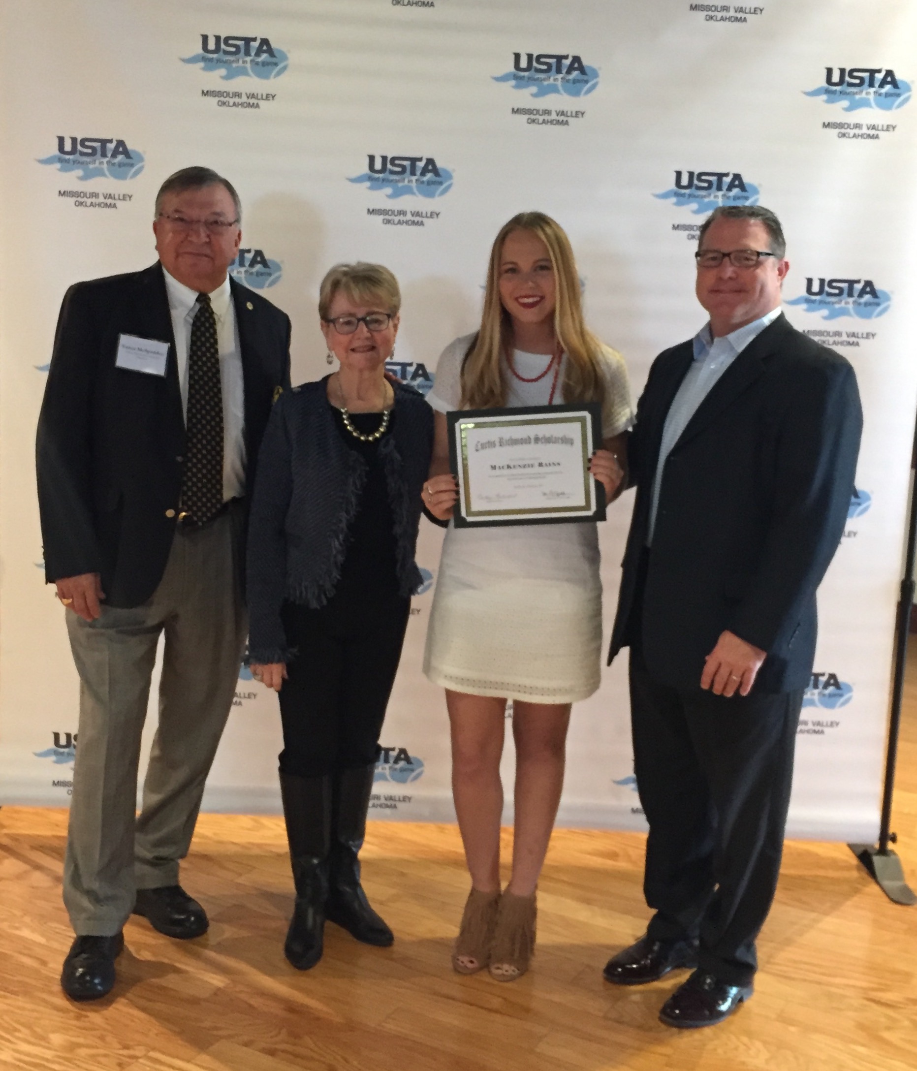 2016: Mackenzie Rains;
Duncan High School; University of Oklahoma

Also Pictured: Vance McSpadden, OKTF Past President, Carolyn Richmond, Scholarship Chair, and Roone Richmond