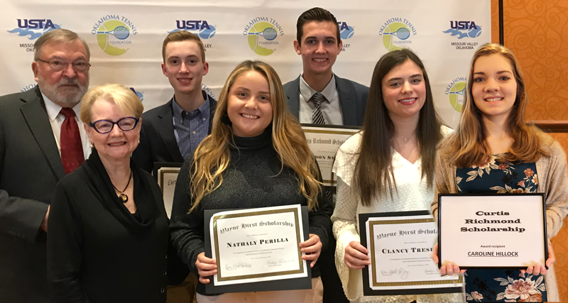 2020 Scholarship recipients:  Back row-Vance McSpadden, Oklahoma Tennis Hall of Fame member & OKTF Board member; Hudson Dick, Broken Arrow, attending John Brown University; Landon Swopes, Ada, attending Stanford University. Front row-Carolyn Richmond, OKTF Scholarship Chair; Nathally Perilla, Yukon, attending OCCC; Clancy Tresemer, Norman North, attending OCCC; Caroline Hillock, Tulsa, attending Tulsa Community College.